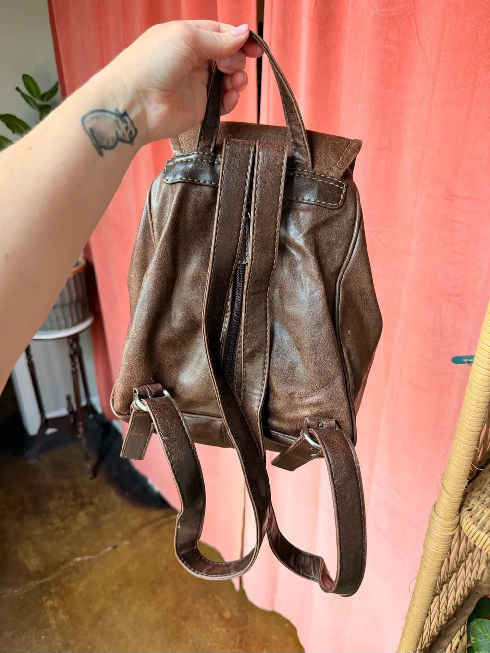 Vintage Nine West Brown Faux Leather Mini Backpack with Front Buckle Pockets